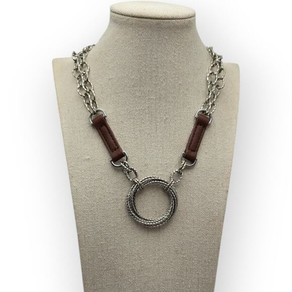 Cookie Lee Silver & Leather Circle Pendant Necklace - Picture 1 of 7
